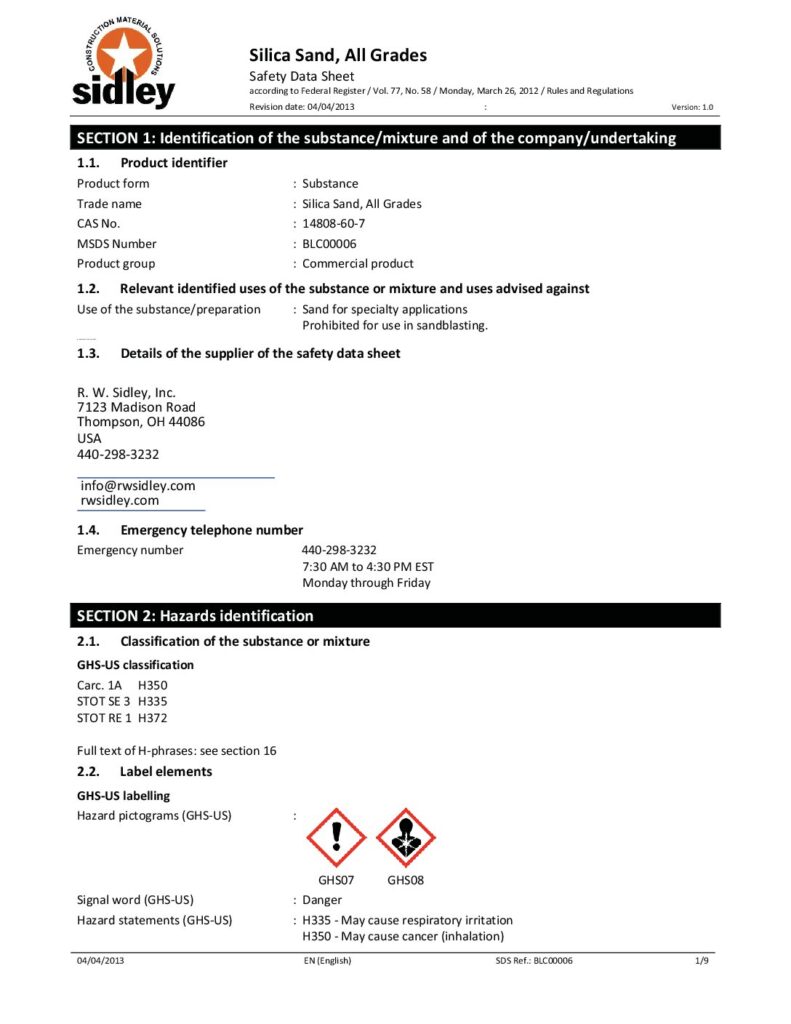 Silica Sand Safety Data Sheet